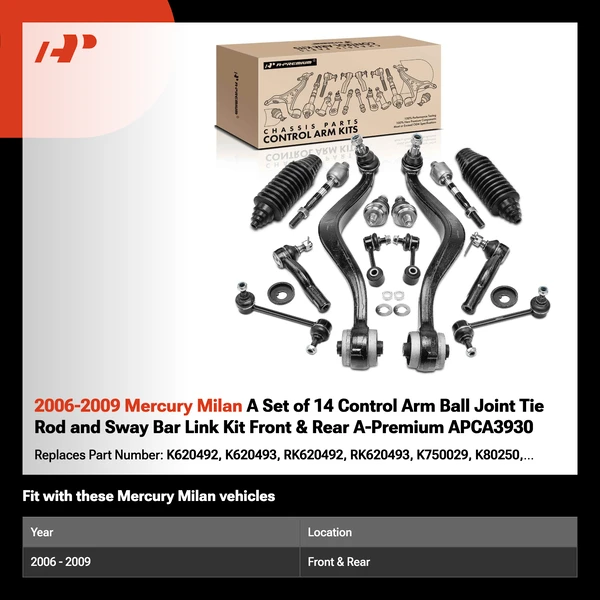 2006-2009 Mercury Milan A Set of 14 Control Arm Ball Joint Tie Rod and Sway Bar Link Kit Front & Rear A-Premium APCA3930