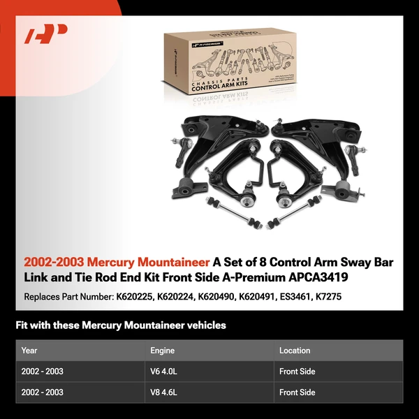 2002-2003 Mercury Mountaineer A Set of 8 Control Arm Sway Bar Link and Tie Rod End Kit Front Side A-Premium APCA3419