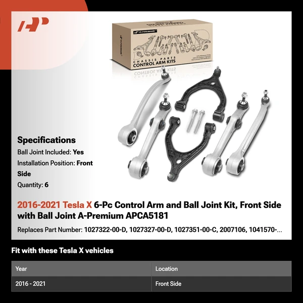 2016-2021 Tesla X 6-Pc Control Arm and Ball Joint Kit, Front Side with Ball Joint A-Premium APCA5181