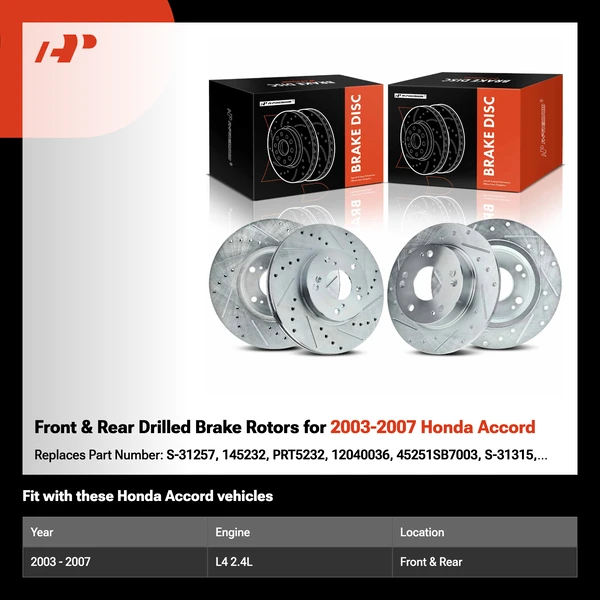 Front & Rear Drilled Brake Rotors for 2003-2007 Honda Accord