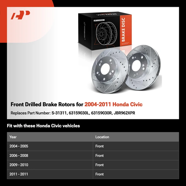 Front Drilled Brake Rotors for 2004-2011 Honda Civic