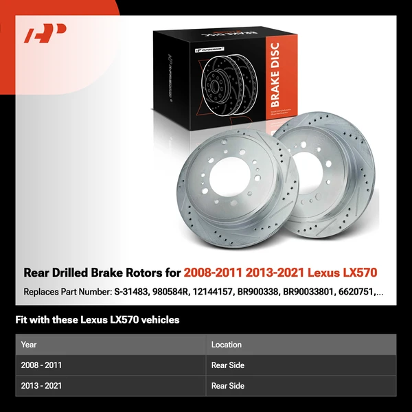Rear Drilled Brake Rotors for 2008-2011 2013-2021 Lexus LX570