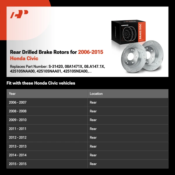 Rear Drilled Brake Rotors for 2006-2015 Honda Civic