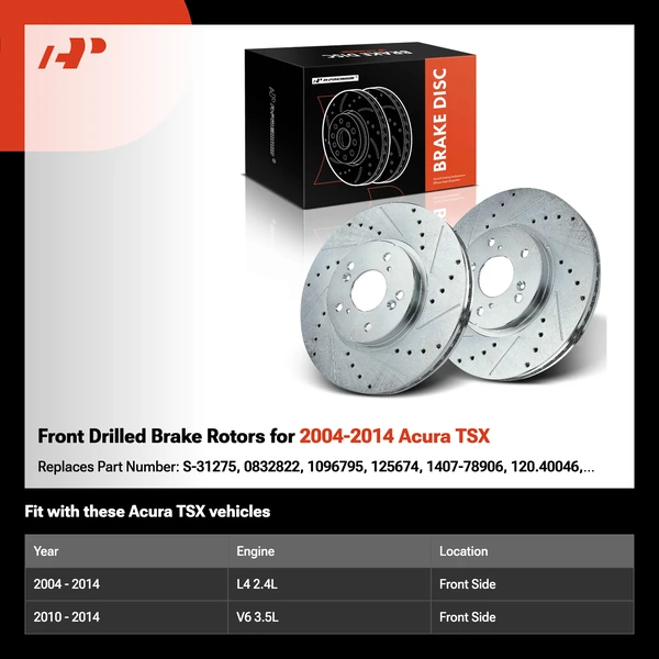 Front Drilled Brake Rotors for 2004-2014 Acura TSX