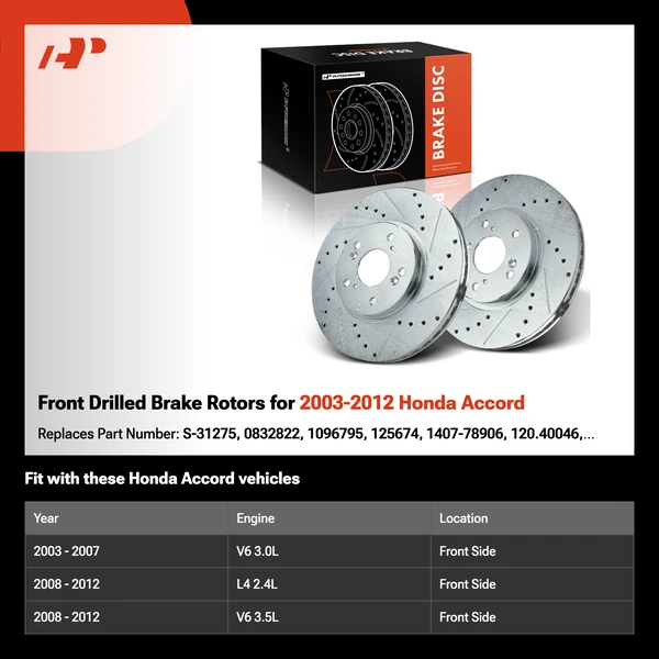 Front Drilled Brake Rotors for 2003-2012 Honda Accord