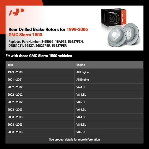 Rear Drilled Brake Rotors for 1999-2006 GMC Sierra 1500