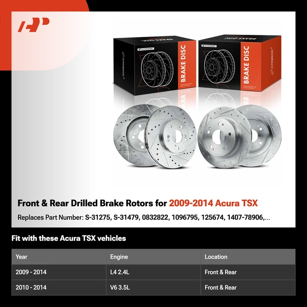 Front & Rear Drilled Brake Rotors for 2009-2014 Acura TSX