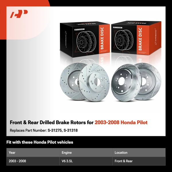 Front & Rear Drilled Brake Rotors for 2003-2008 Honda Pilot