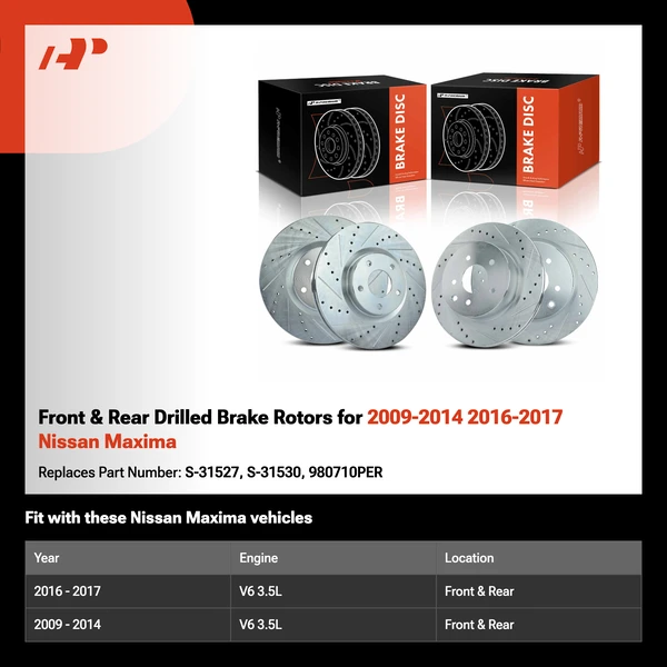 Front & Rear Drilled Brake Rotors for 2009-2014 2016-2017 Nissan Maxima
