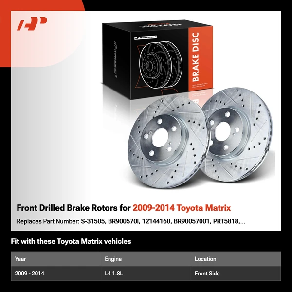 Front Drilled Brake Rotors for 2009-2014 Toyota Matrix