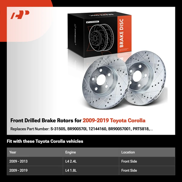 Front Drilled Brake Rotors for 2009-2019 Toyota Corolla