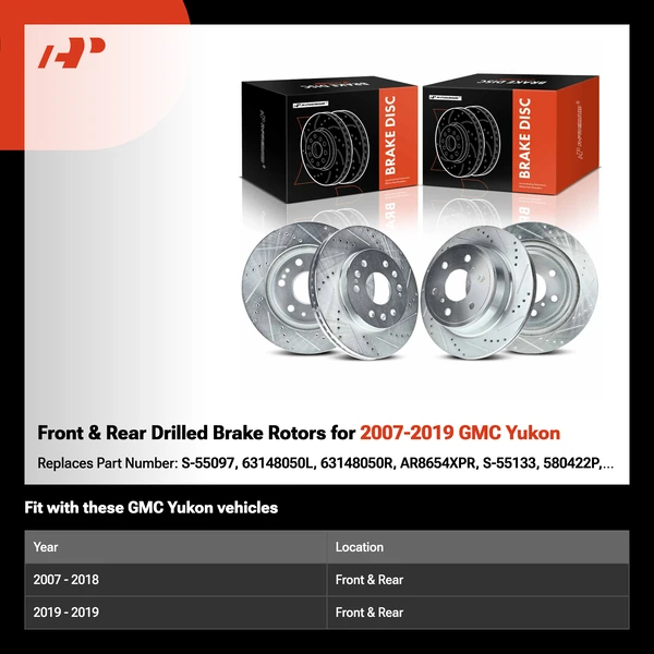 Front & Rear Drilled Brake Rotors for 2007-2019 GMC Yukon