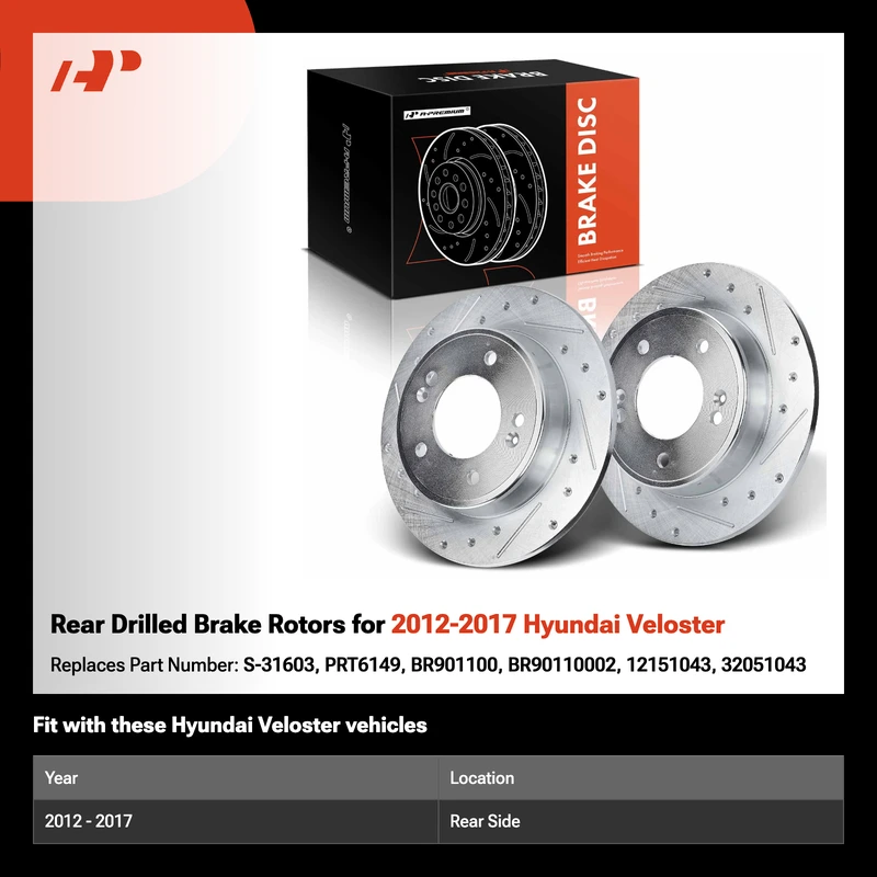 Rear Drilled Brake Rotors for 2012-2017 Hyundai Veloster