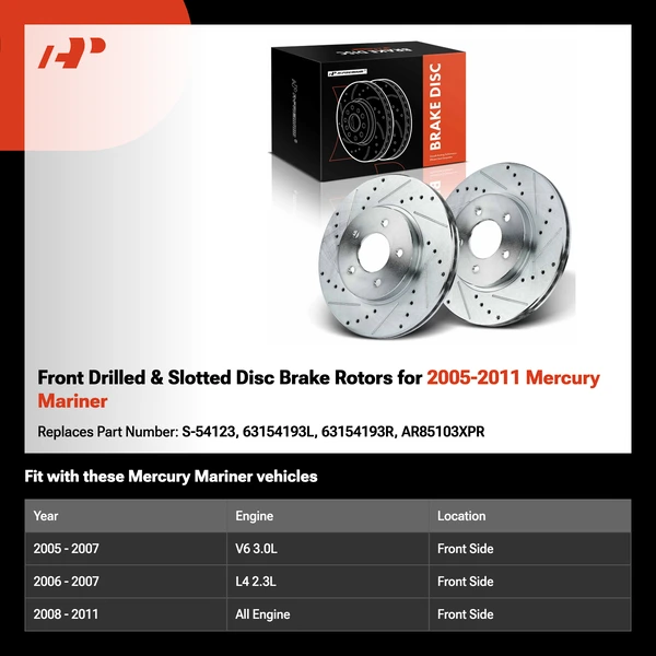 Front Drilled & Slotted Disc Brake Rotors for 2005-2011 Mercury Mariner