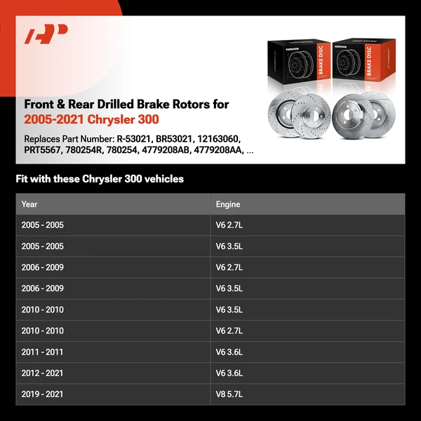 Front & Rear Drilled Brake Rotors for 2005-2021 Chrysler 300