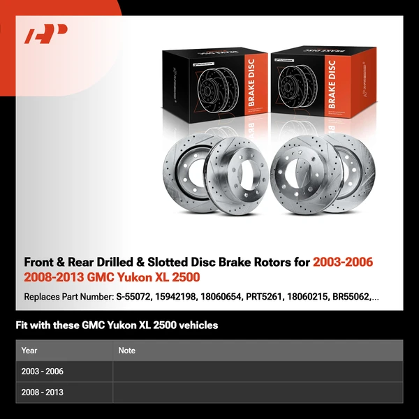 Front & Rear Drilled & Slotted Disc Brake Rotors for 2003-2006 2008-2013 GMC Yukon XL 2500