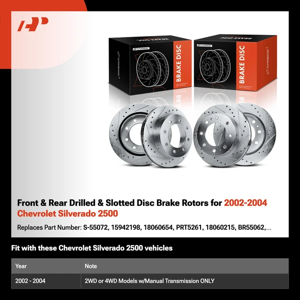 Front & Rear Drilled & Slotted Disc Brake Rotors for 2002-2004 Chevrolet Silverado 2500