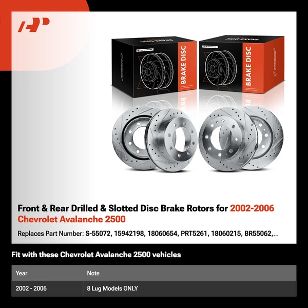 Front & Rear Drilled & Slotted Disc Brake Rotors for 2002-2006 Chevrolet Avalanche 2500