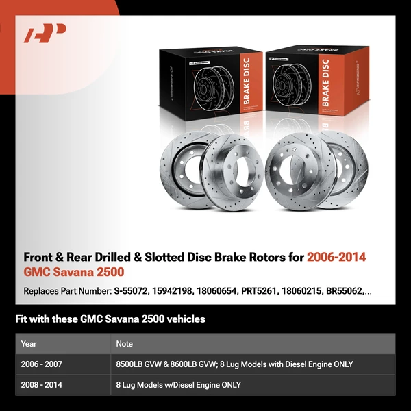 Front & Rear Drilled & Slotted Disc Brake Rotors for 2006-2014 GMC Savana 2500