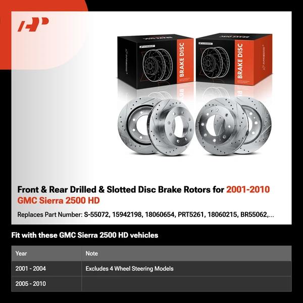 Front & Rear Drilled & Slotted Disc Brake Rotors for 2001-2010 GMC Sierra 2500 HD
