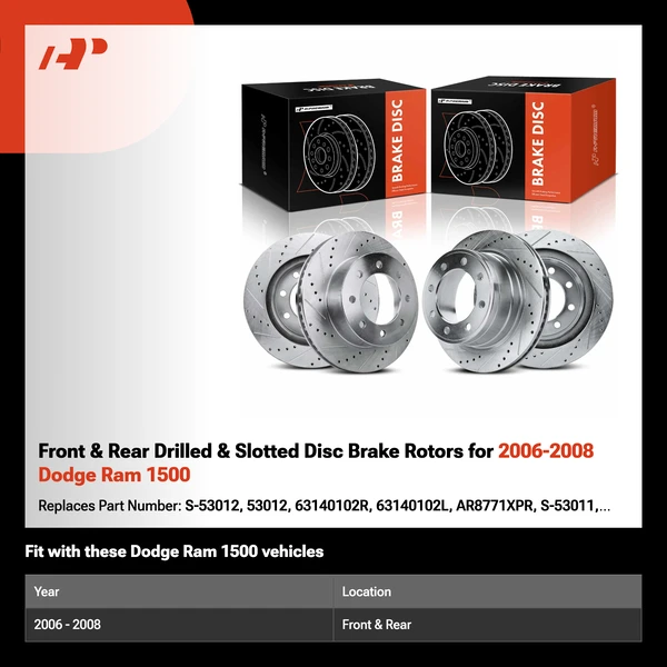 Front & Rear Drilled & Slotted Disc Brake Rotors for 2006-2008 Dodge Ram 1500