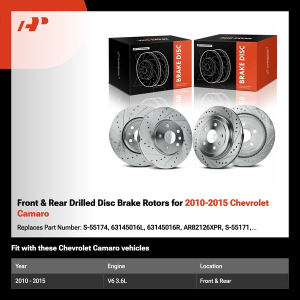 Front & Rear Drilled Disc Brake Rotors for 2010-2015 Chevrolet Camaro