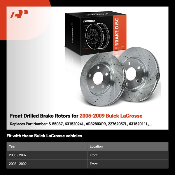 Front Drilled Brake Rotors for 2005-2009 Buick LaCrosse
