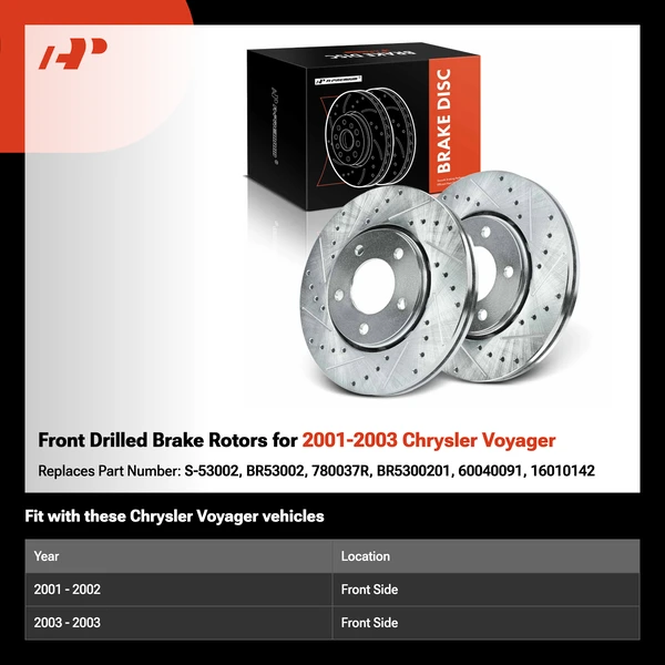Front Drilled Brake Rotors for 2001-2003 Chrysler Voyager