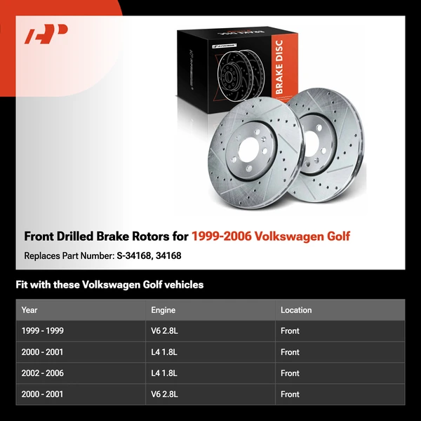 Front Drilled Brake Rotors for 1999-2006 Volkswagen Golf