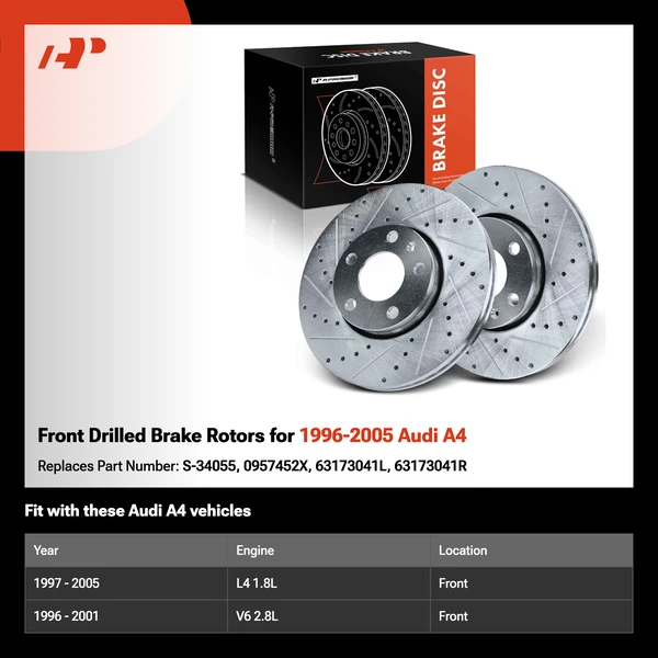 Front Drilled Brake Rotors for 1996-2005 Audi A4