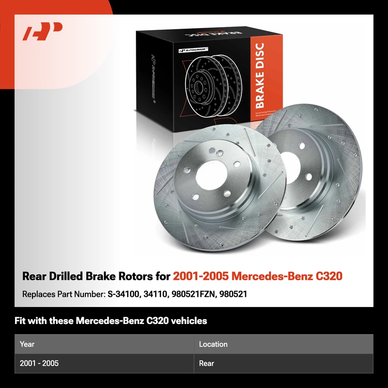 Rear Drilled Brake Rotors for 2001-2005 Mercedes-Benz C320