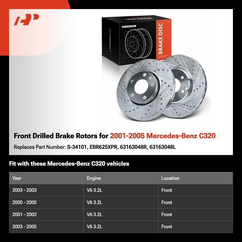 Front Drilled Brake Rotors for 2001-2005 Mercedes-Benz C320