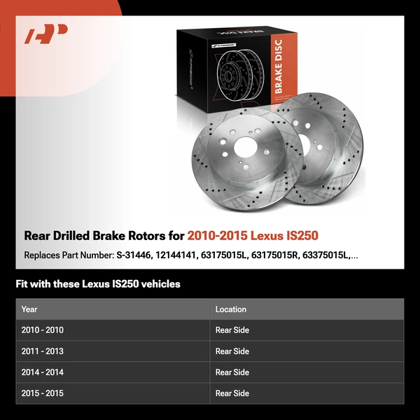 Rear Drilled Brake Rotors for 2010-2015 Lexus IS250