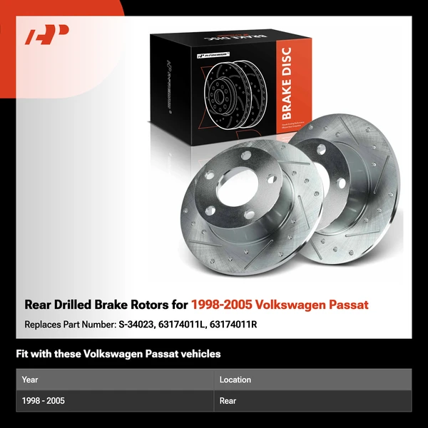 Rear Drilled Brake Rotors for 1998-2005 Volkswagen Passat