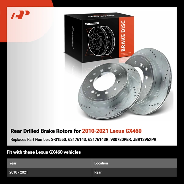 Rear Drilled Brake Rotors for 2010-2021 Lexus GX460