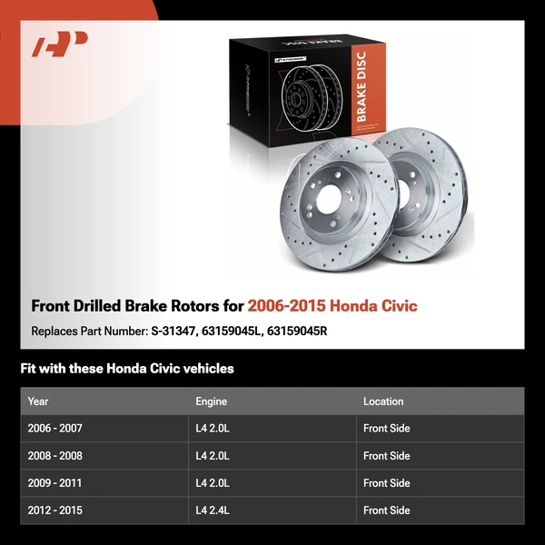 Front Drilled Brake Rotors for 2006-2015 Honda Civic