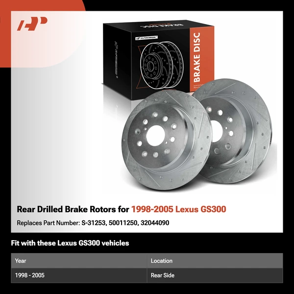 Rear Drilled Brake Rotors for 1998-2005 Lexus GS300