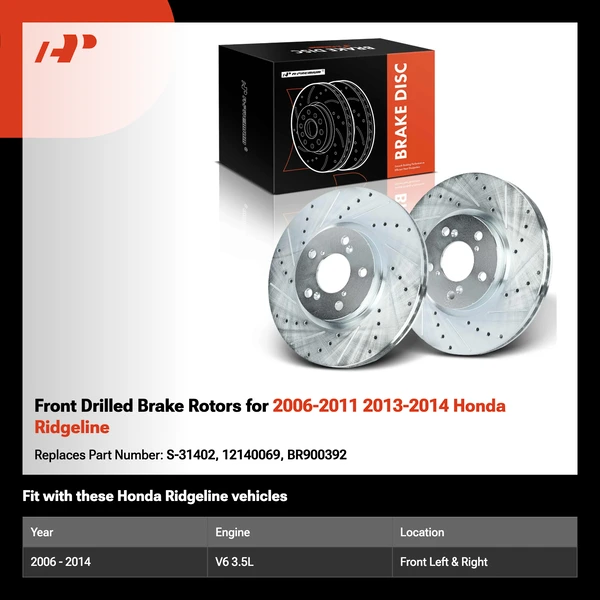 Front Drilled Brake Rotors for 2006-2011 2013-2014 Honda Ridgeline