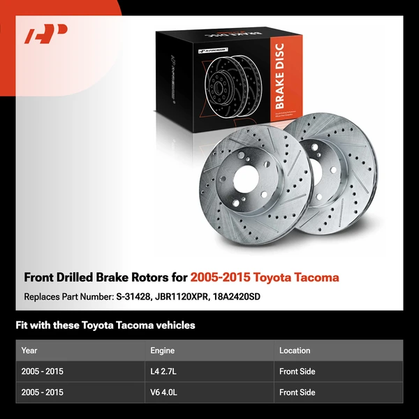 Front Drilled Brake Rotors for 2005-2015 Toyota Tacoma