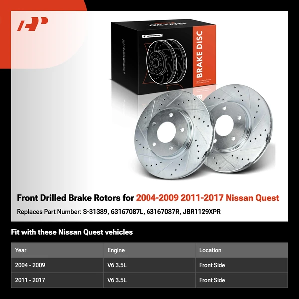 Front Drilled Brake Rotors for 2004-2009 2011-2017 Nissan Quest