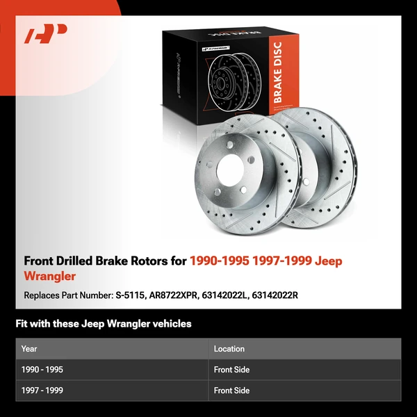 Front Drilled Brake Rotors for 1990-1995 1997-1999 Jeep Wrangler
