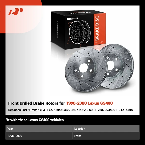 Front Drilled Brake Rotors for 1998-2000 Lexus GS400