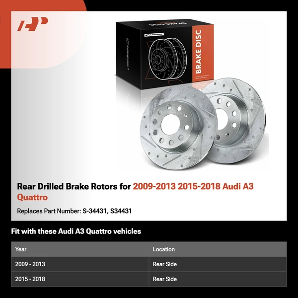 Rear Drilled Brake Rotors for 2009-2013 2015-2018 Audi A3 Quattro