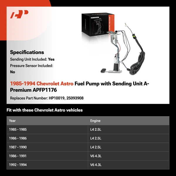 1985-1994 Chevrolet Astro Fuel Pump with Sending Unit A-Premium APFP1176