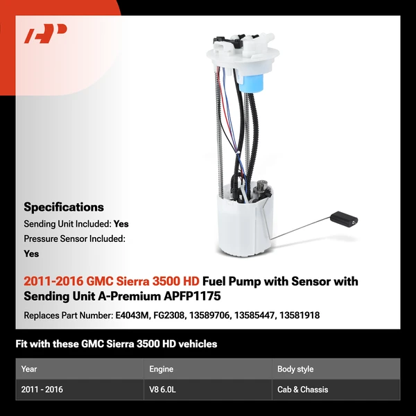 2011-2016 GMC Sierra 3500 HD Fuel Pump with Sensor with Sending Unit A-Premium APFP1175