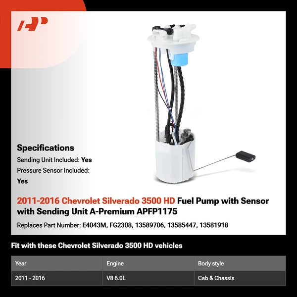 2011-2016 Chevrolet Silverado 3500 HD Fuel Pump with Sensor with Sending Unit A-Premium APFP1175