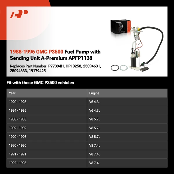 1988-1996 GMC P3500 Fuel Pump with Sending Unit A-Premium APFP1138
