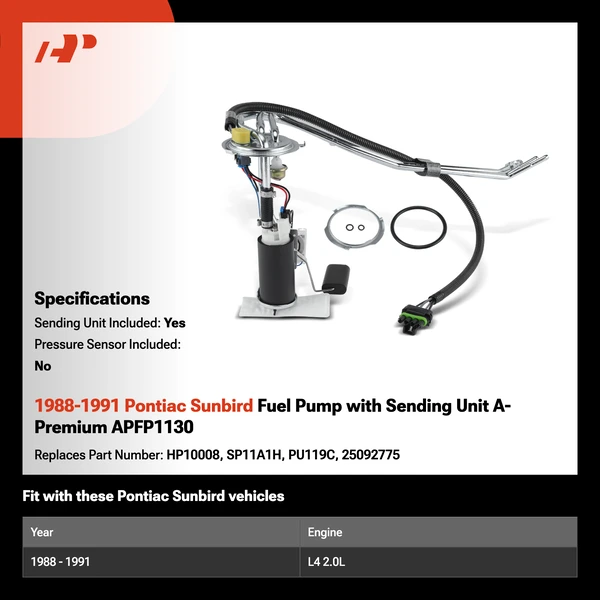 1988-1991 Pontiac Sunbird Fuel Pump with Sending Unit A-Premium APFP1130