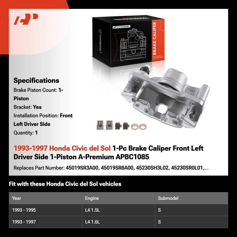 1993-1997 Honda Civic del Sol 1-Pc Brake Caliper Front Left Driver Side 1-Piston A-Premium APBC1085