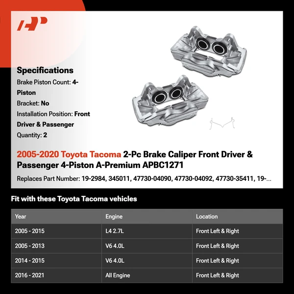 2005-2020 Toyota Tacoma 2-Pc Brake Caliper Front Driver & Passenger 4-Piston A-Premium APBC1271